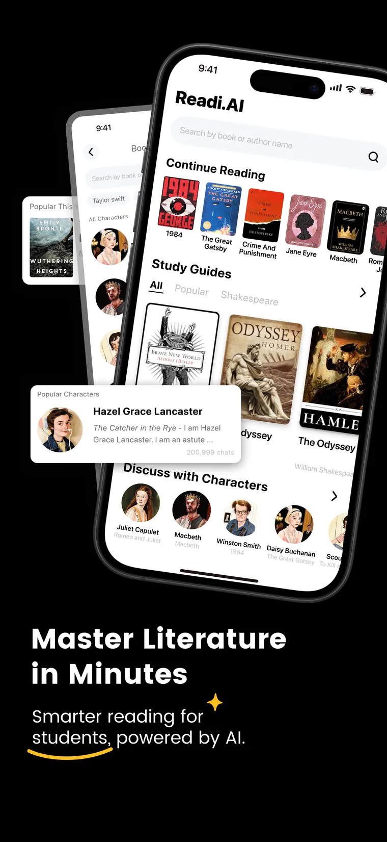Readi.AI iOS app interface showing chapter summaries and character chat